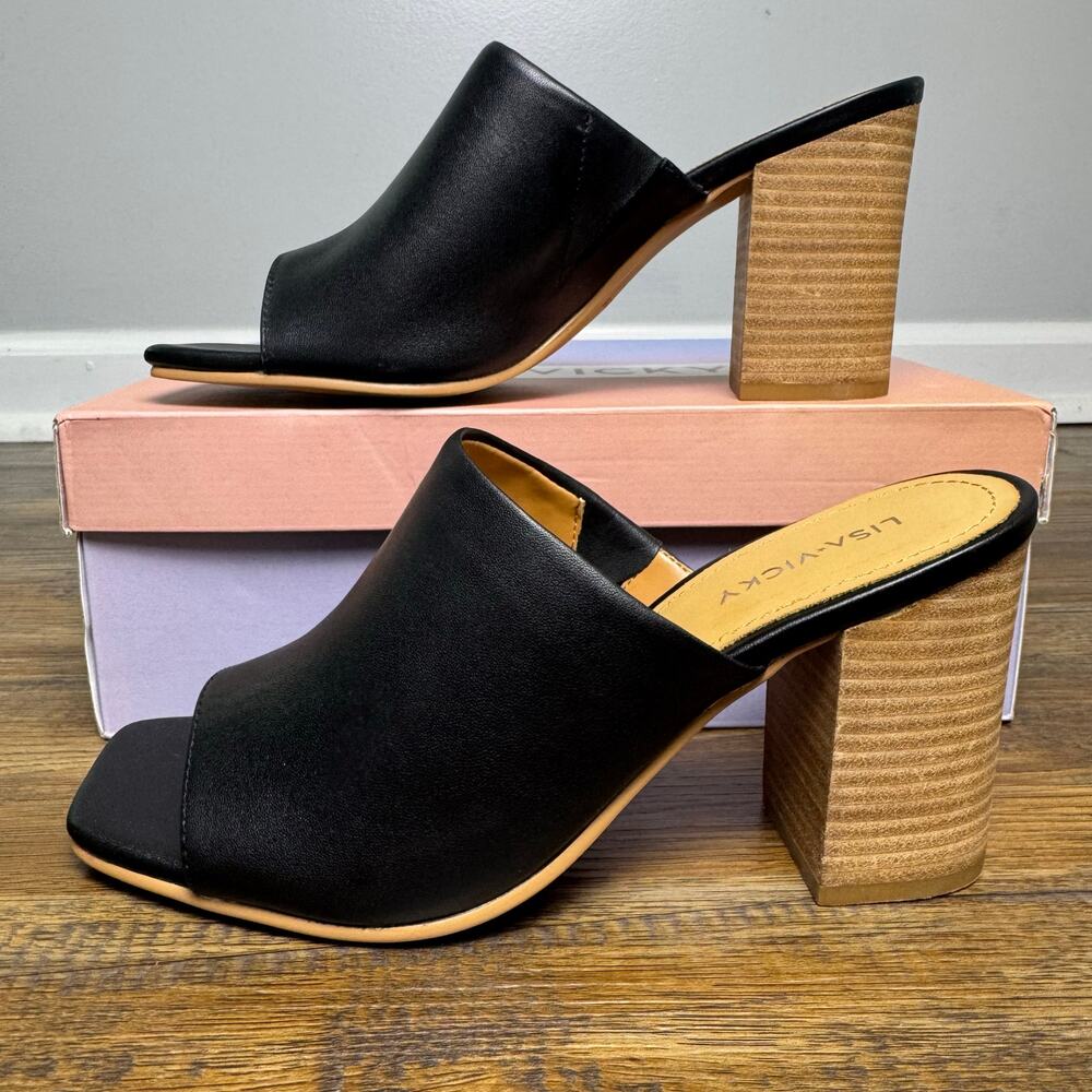 Lisa Vicky VIRTUE-V size 7.5 black sheep nappa stacked block heel slip on sandal - Picture 9 of 12